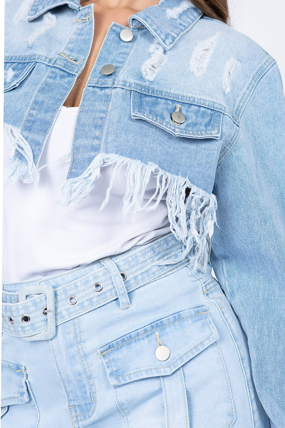 American Bazi Distressed Denim Jacket with Frayed Hem - UrbanEthereal