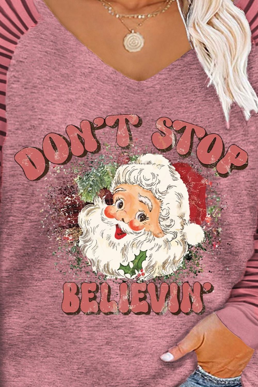 Plus Size DON'T STOP BELIEVIN Striped Long Sleeve T-Shirt - UrbanEthereal