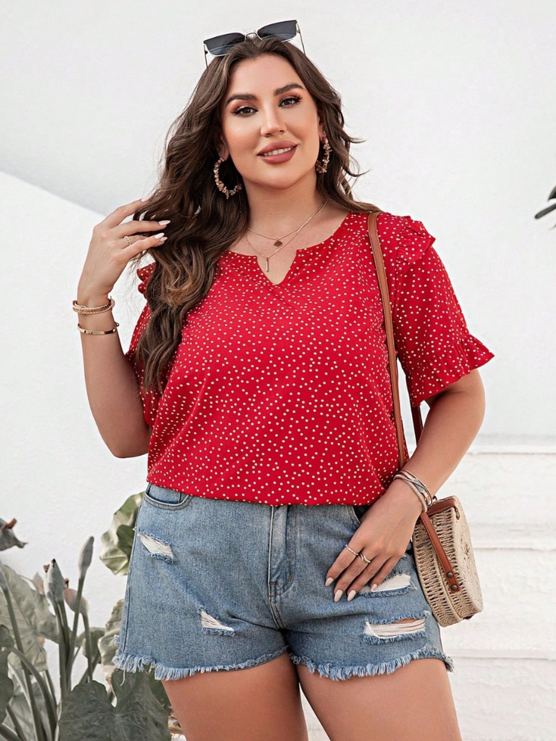 Plus Size Polka Dot Notched Flounce Sleeve Blouse - UrbanEthereal
