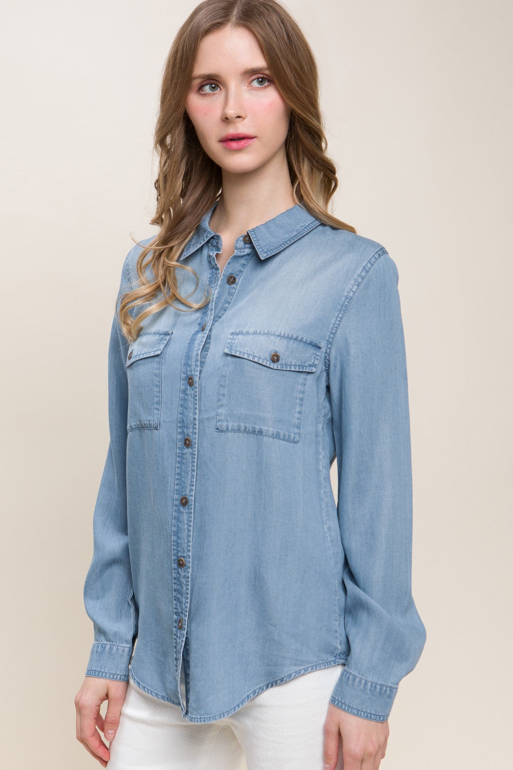 Love Tree Scooped Hem Button Up Denim Shirt - UrbanEthereal