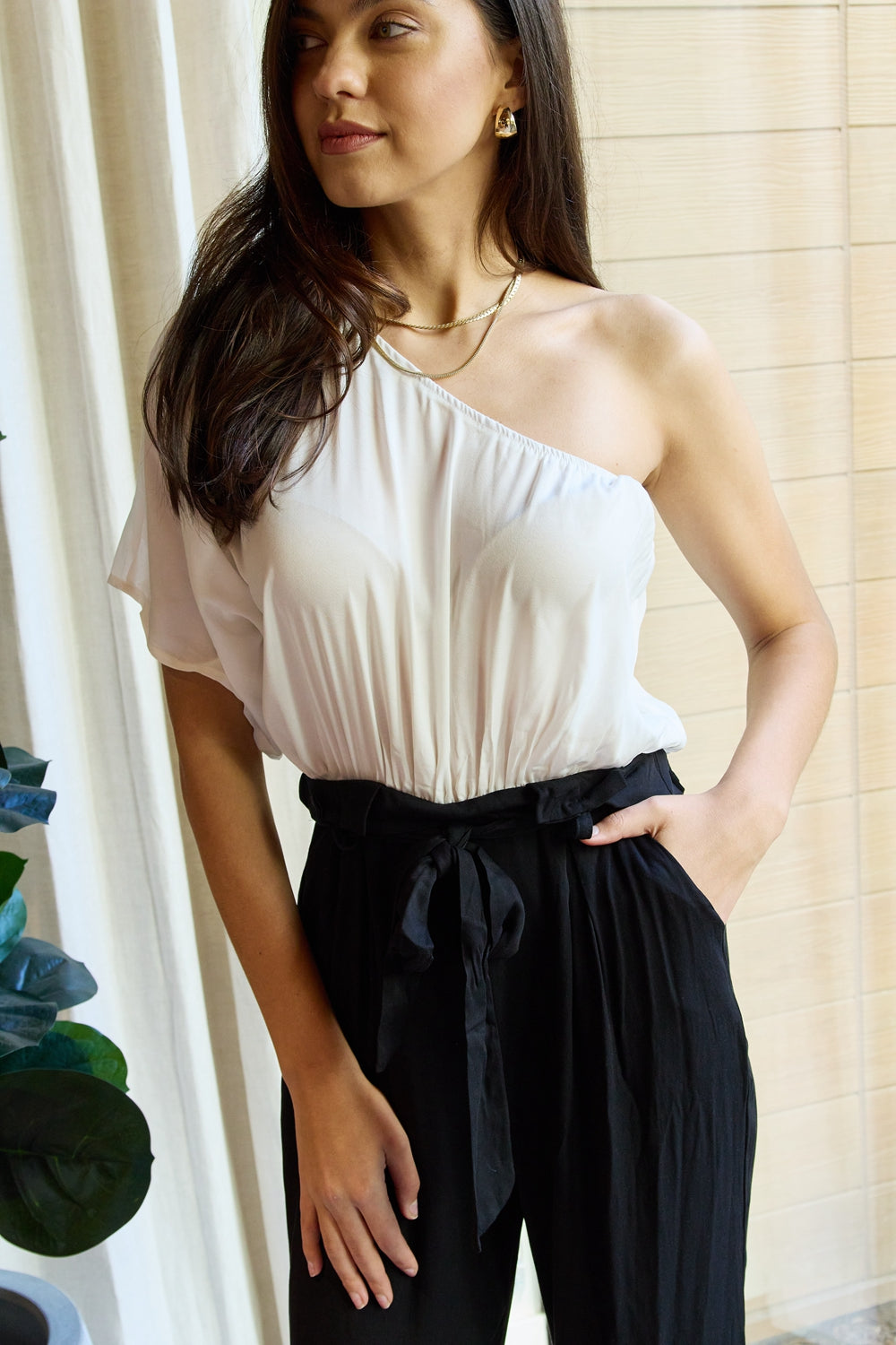 Dress Day Marvelous in Manhattan One-Shoulder Jumpsuit in White/Black - UrbanEthereal