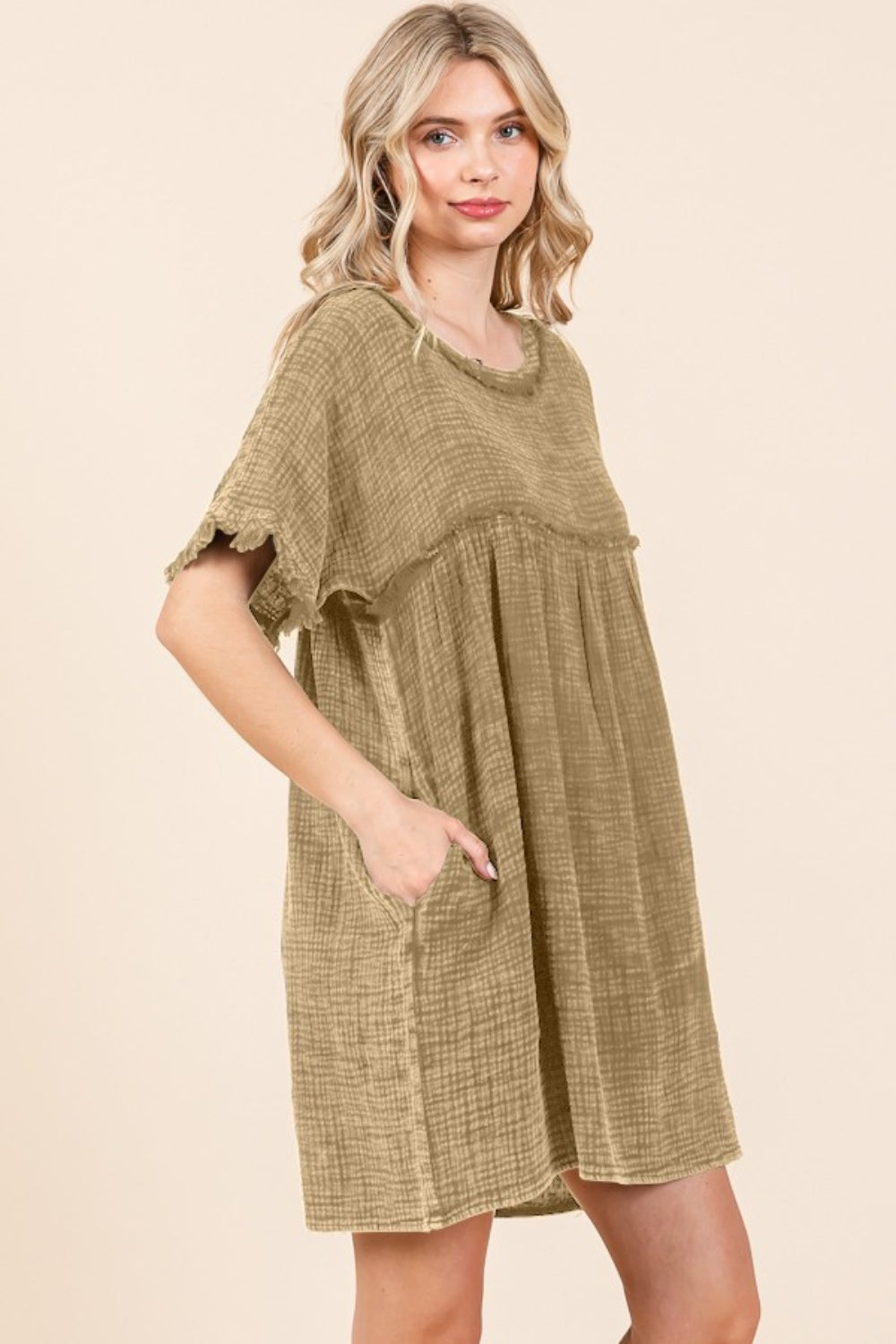 Culture Code Full Size Short Sleeve Babydoll Texture Dress with Pockets - UrbanEthereal