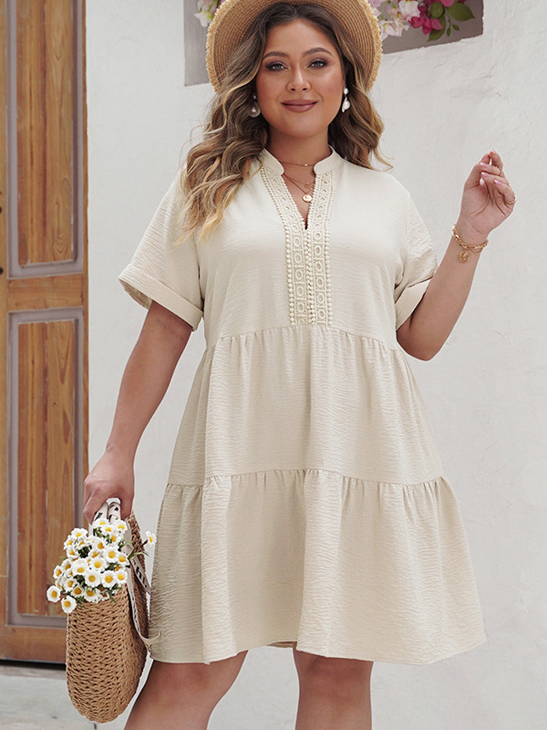 Plus Size Lace Detail Notched Short Sleeve Dress - UrbanEthereal