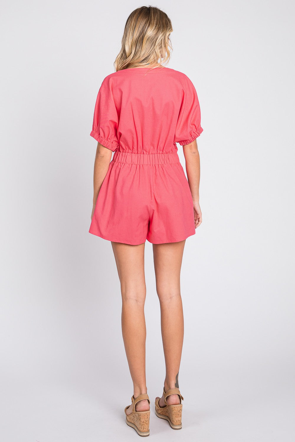 GeeGee Half Button V-Neck Linen Romper - UrbanEthereal