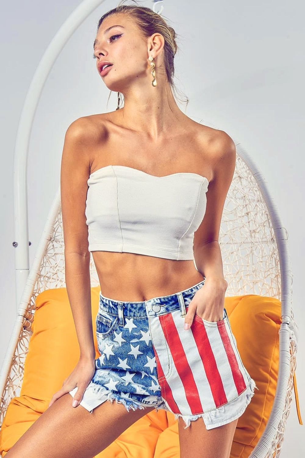 BiBi US Flag Theme Bleached Denim Shorts - UrbanEthereal