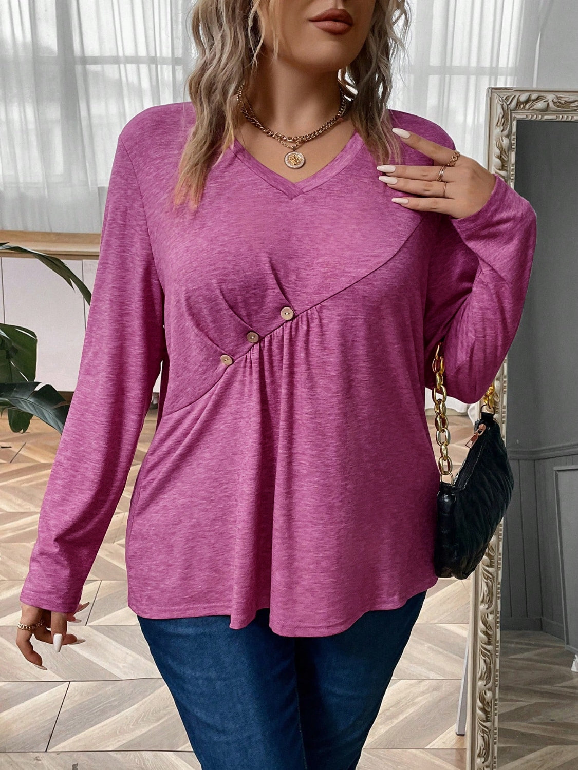 Plus Size Heathered V-Neck Decorative Button T-Shirt - UrbanEthereal