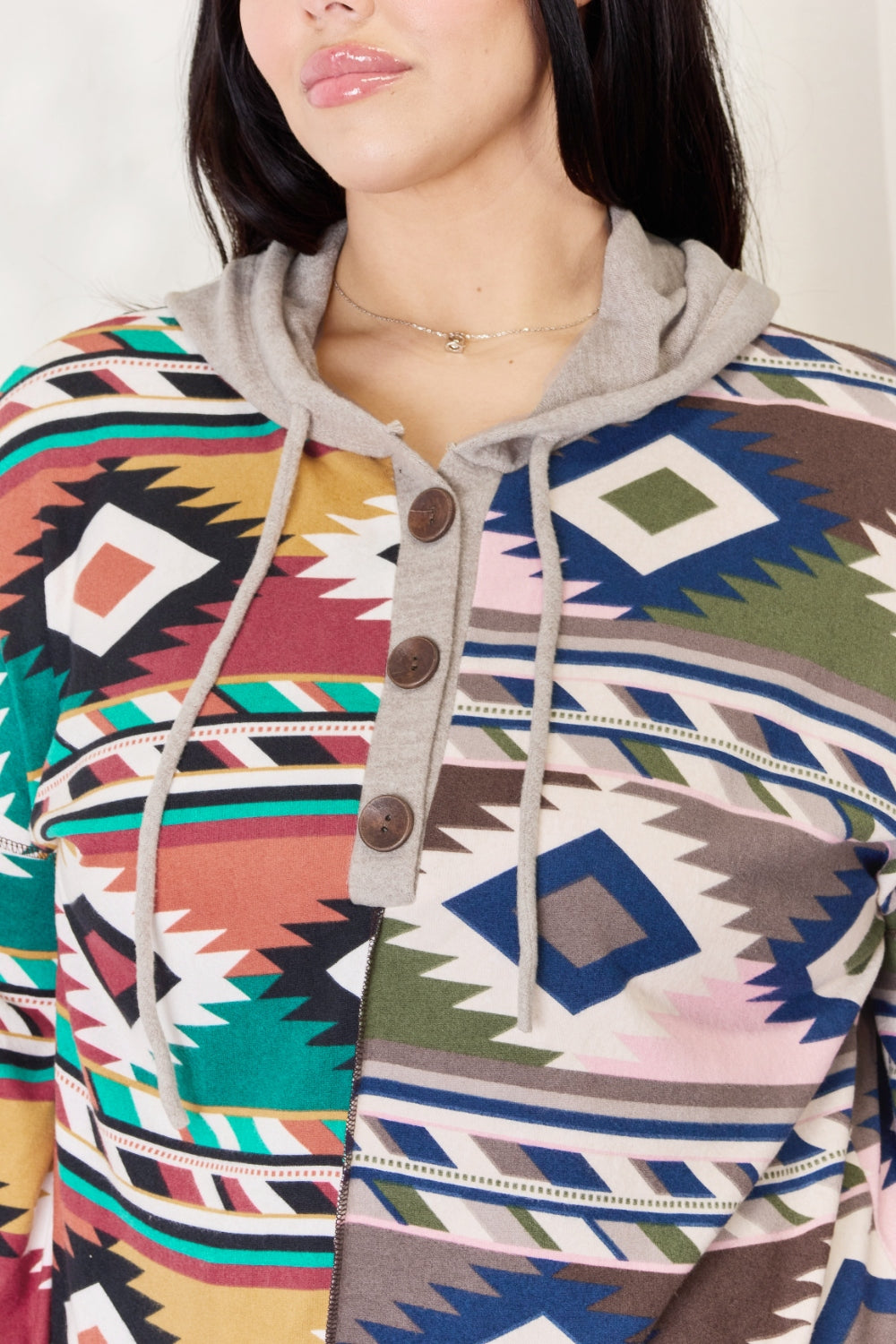 Celeste Full Size Geometric Exposed Seam Drawstring Hoodie - UrbanEthereal