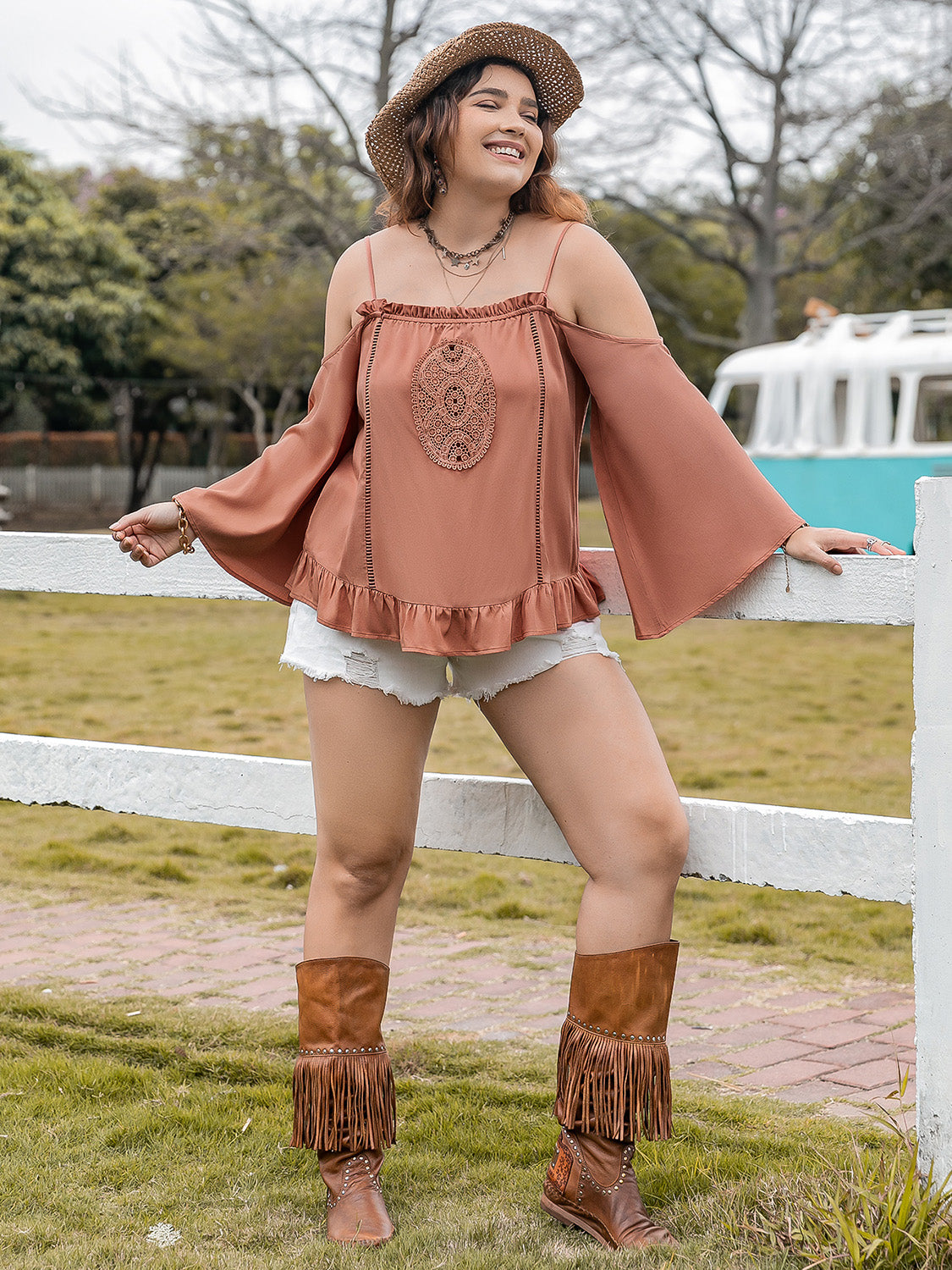Plus Size Frill Square Neck Long Sleeve Blouse - UrbanEthereal