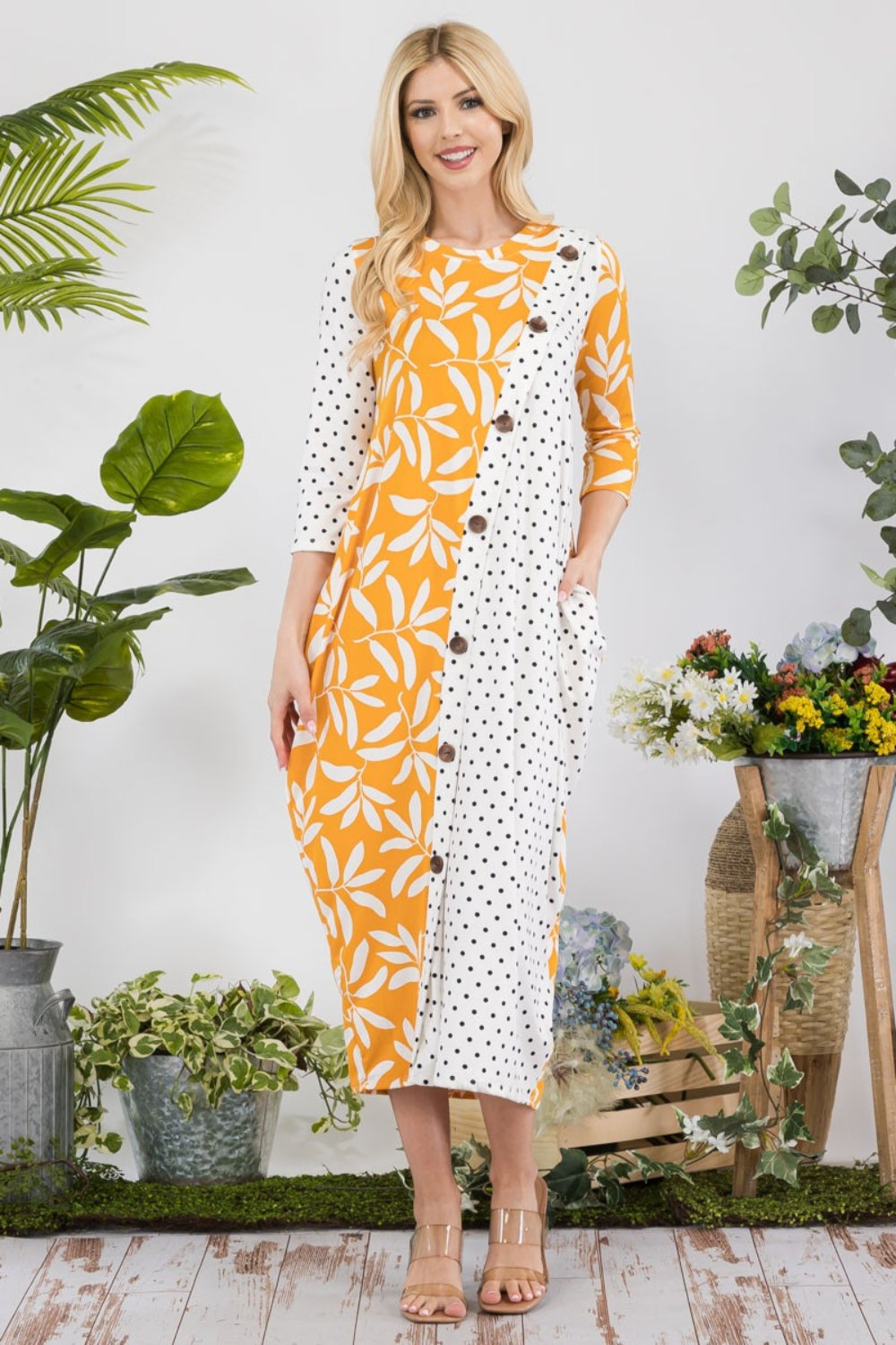 Celeste Full Size Floral Polka Dot Contrast Midi-Dress with Pockets - UrbanEthereal