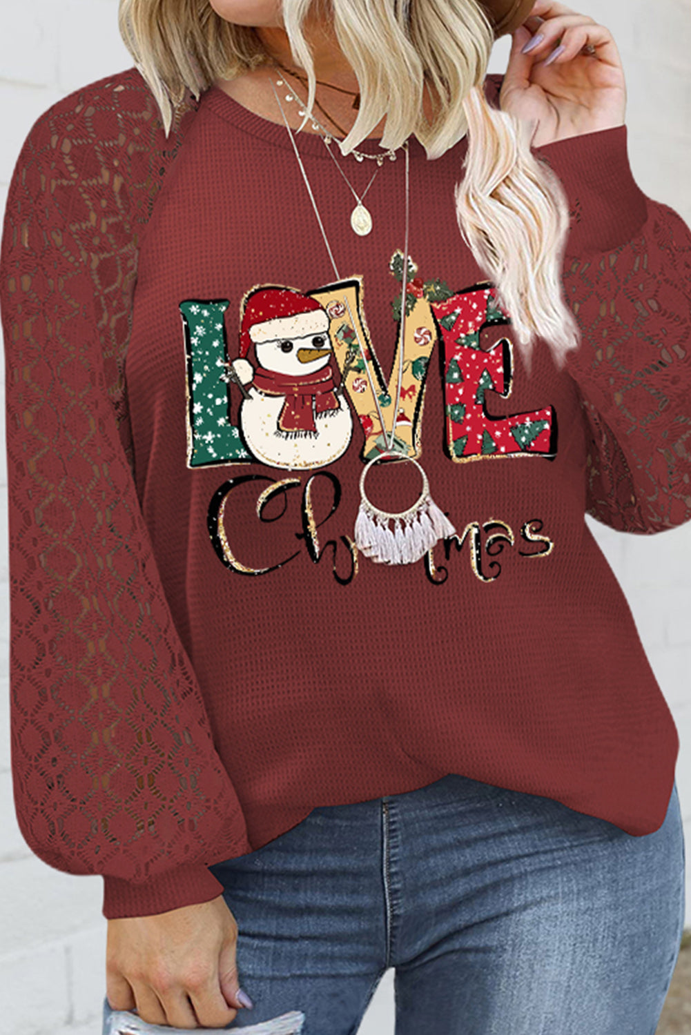 Plus Size Graphic Waffle-Knit Lace Long Sleeve Sweatshirt - UrbanEthereal
