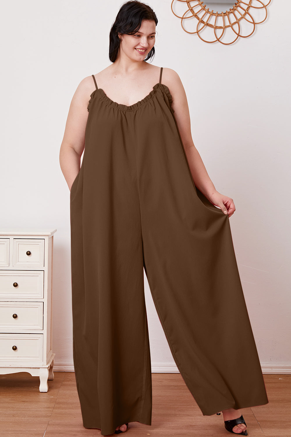 Double Take Full Size Ruffle Trim Tie Back Cami Jumpsuit with Pockets - UrbanEthereal