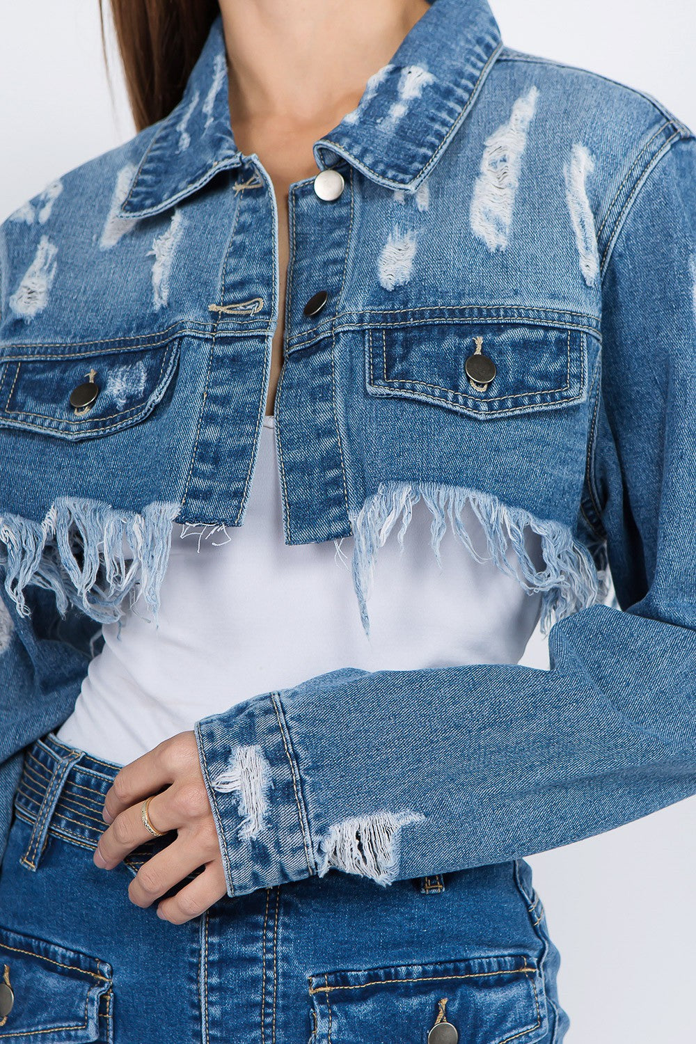 American Bazi Distressed Denim Jacket with Frayed Hem - UrbanEthereal