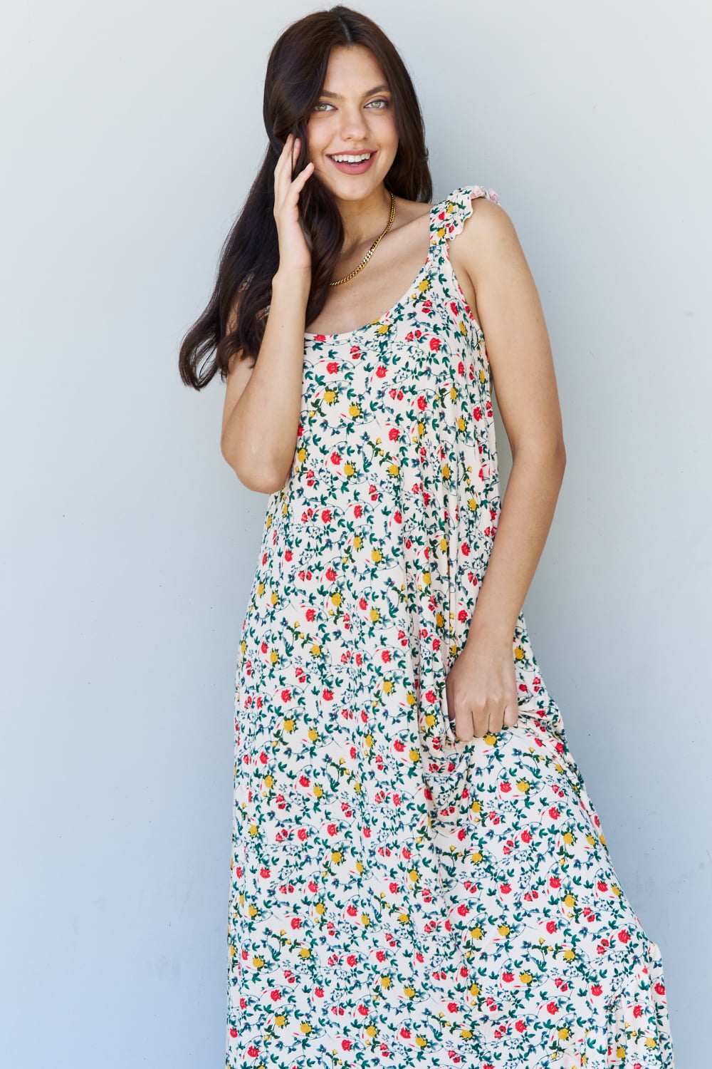 Doublju In The Garden Ruffle Floral Maxi Dress in Natural Rose - UrbanEthereal