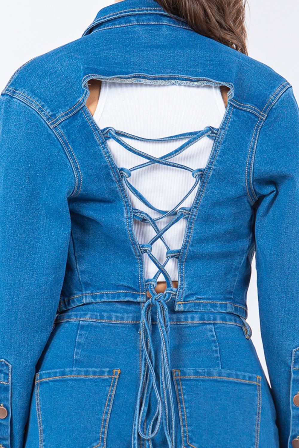 American Bazi Laced Back Cropped Denim Jacket - UrbanEthereal