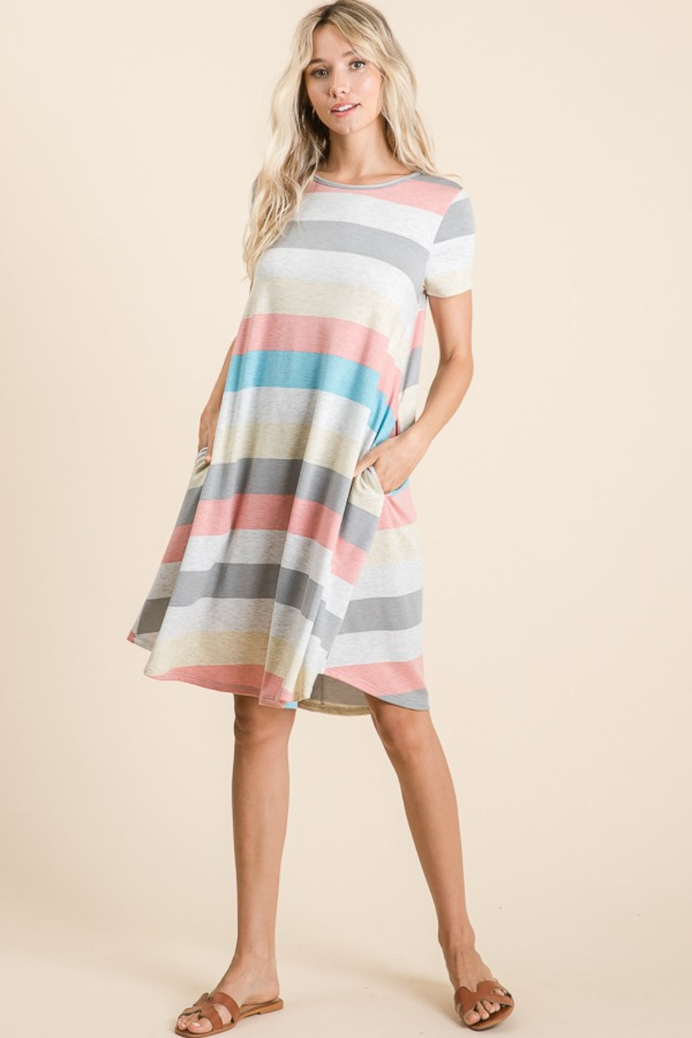 BOMBOM Striped Short Sleeve Dress with Pockets - UrbanEthereal