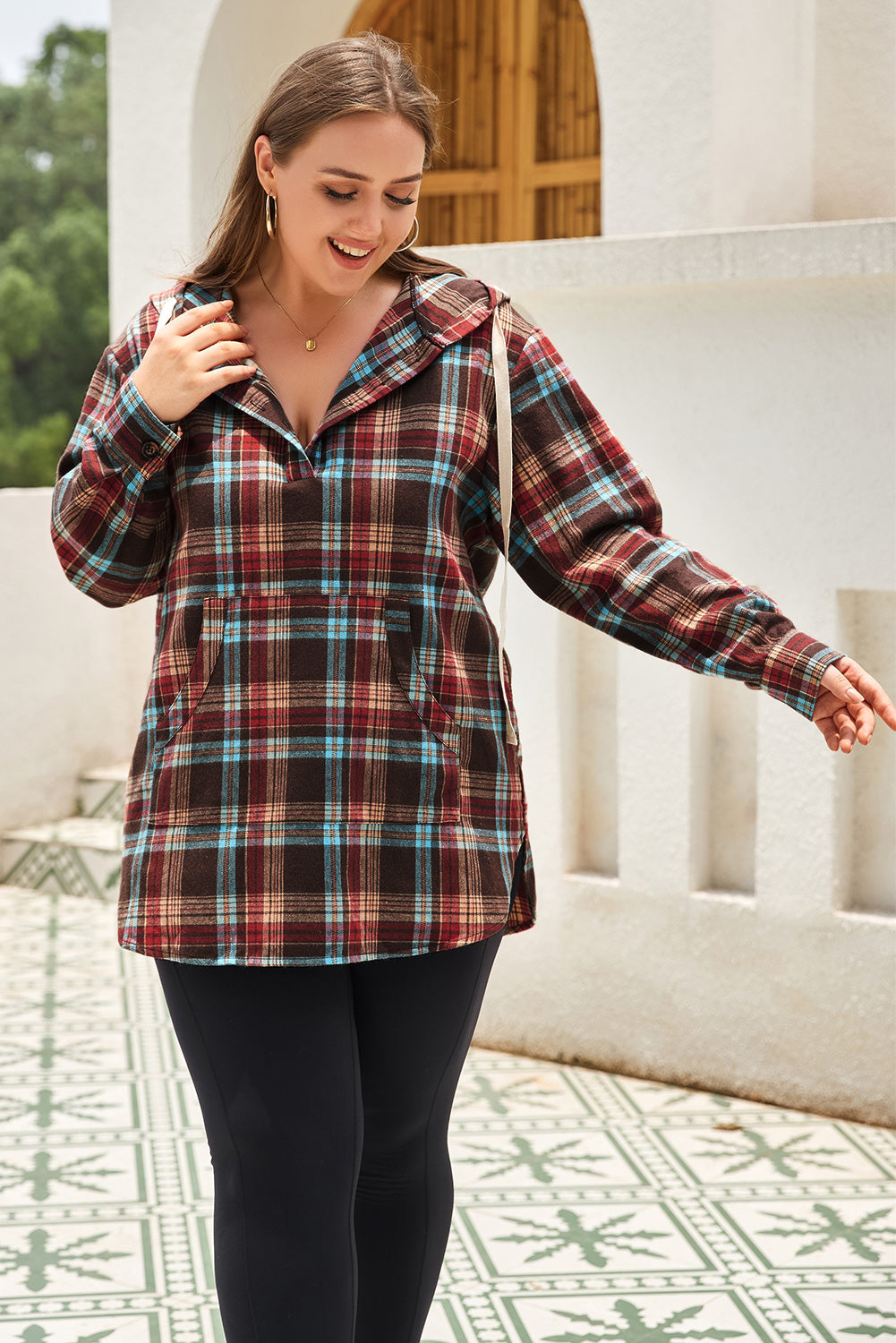 Plus Size Drawstring Plaid Quarter Button Hoodie - UrbanEthereal
