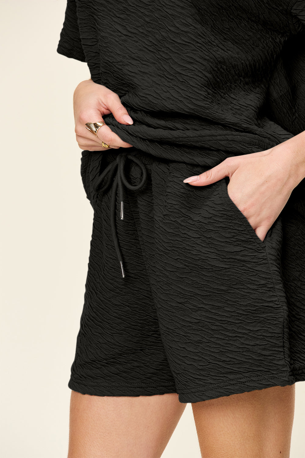 Double Take Full Size Texture Short Sleeve T-Shirt and Drawstring Shorts Set - UrbanEthereal