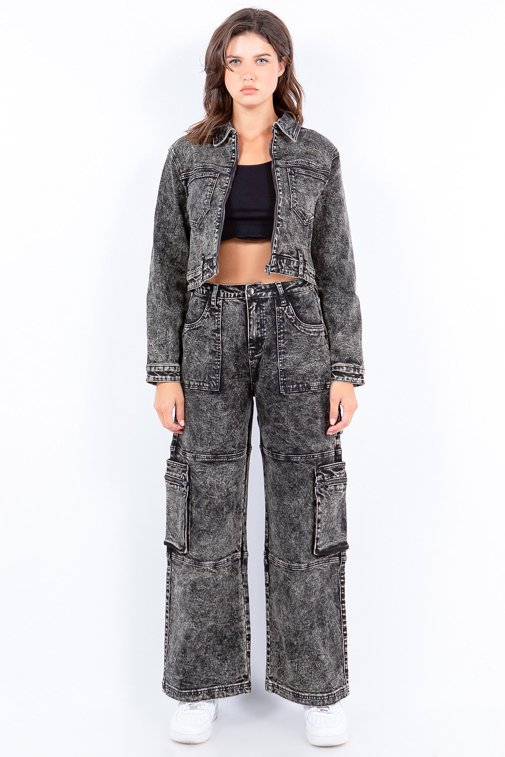American Bazi Overdyed Bleached Zip Up Cropped Jacket - UrbanEthereal