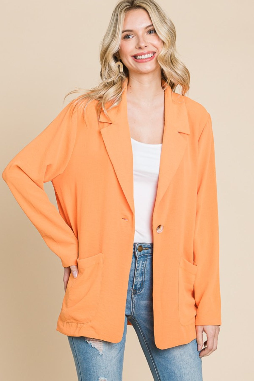 Culture Code One Button Long Sleeve Blazer with Pockets - UrbanEthereal