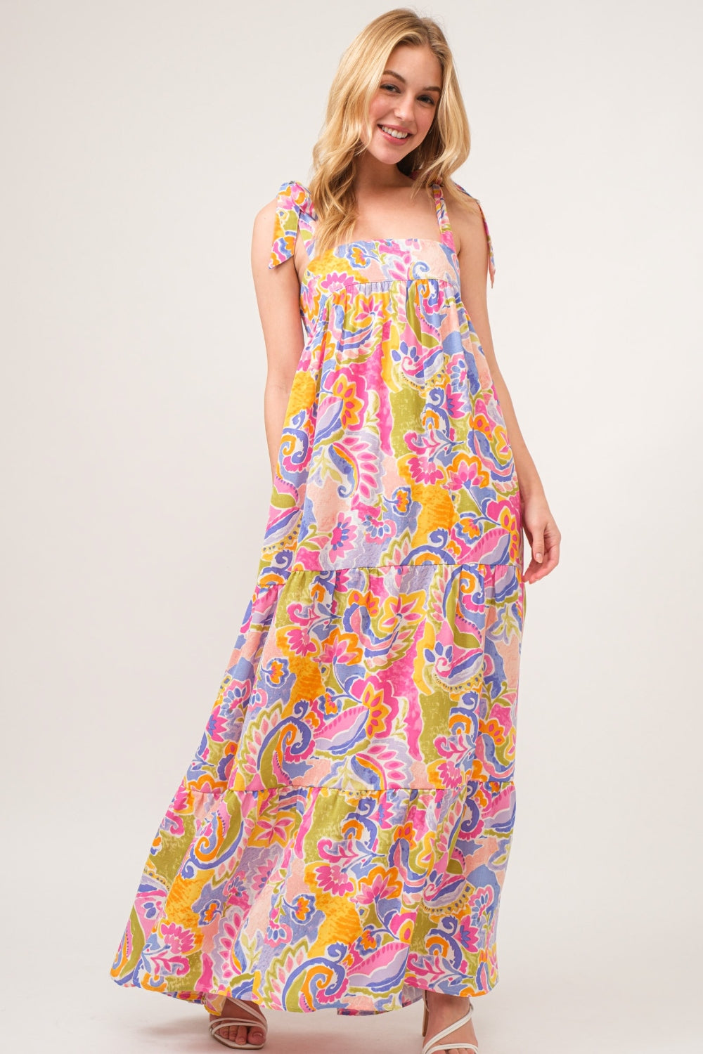 And The Why Full Size Printed Tie Shoulder Tiered Maxi Dress - UrbanEthereal