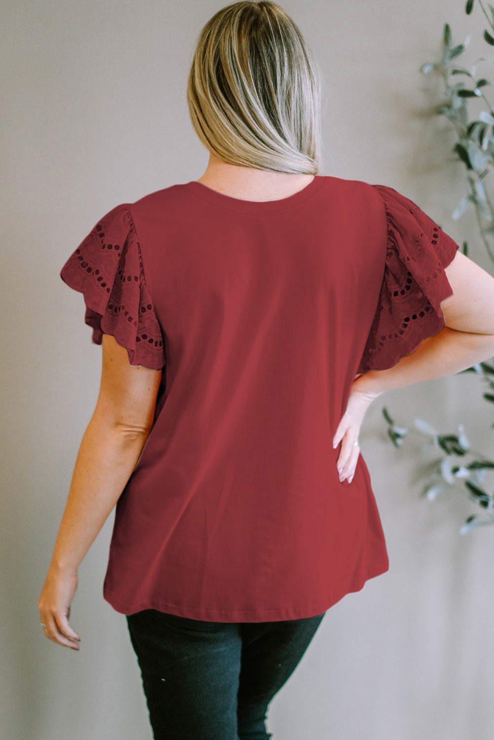 Plus Size Eyelet Round Neck Short Sleeve Blouse - UrbanEthereal