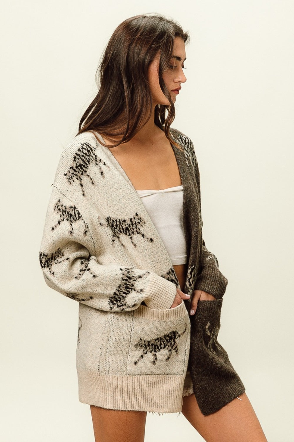 BiBi Open Front Long Sleeve Contrast Cardigan - UrbanEthereal