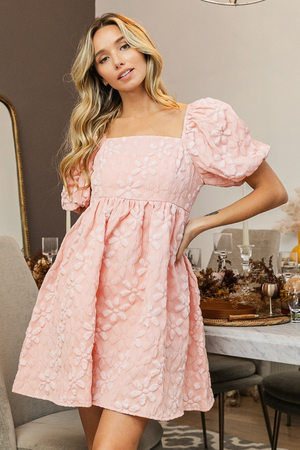 BiBi Flower Square Neck Puff Sleeve Dress - UrbanEthereal