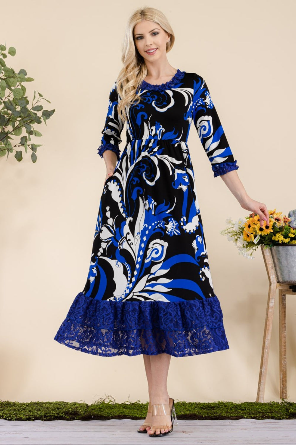 Celeste Full Size Paisley Print Lace Ruffled Midi Dress - UrbanEthereal