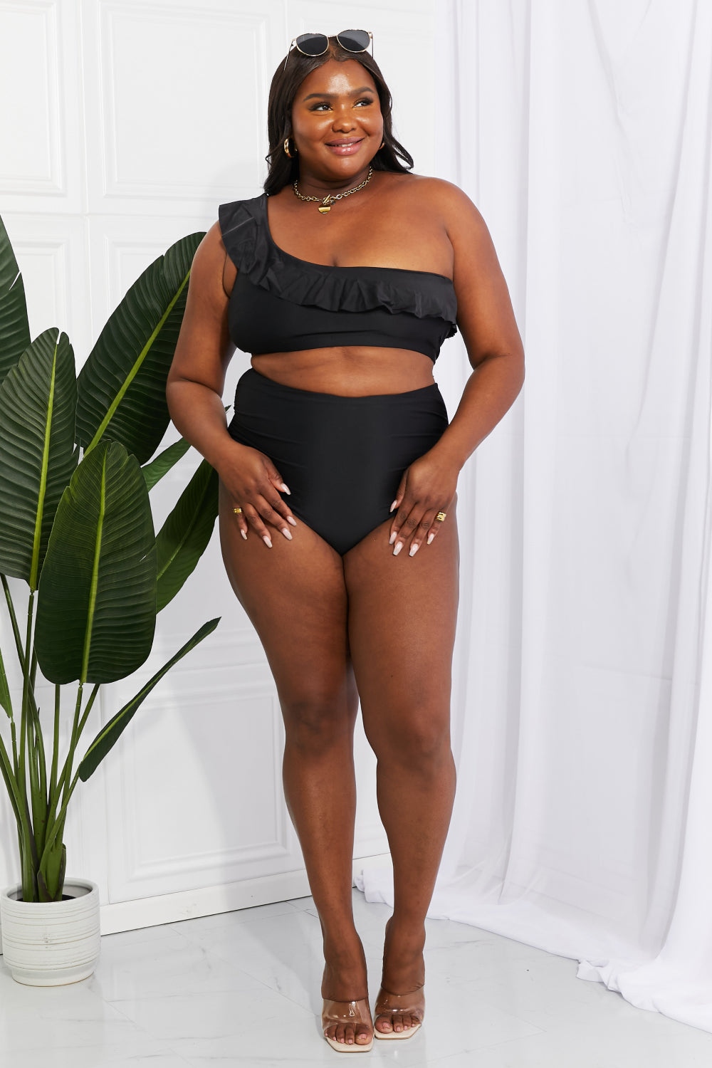 Marina West Swim Seaside Romance Ruffle One-Shoulder Bikini in Black - UrbanEthereal
