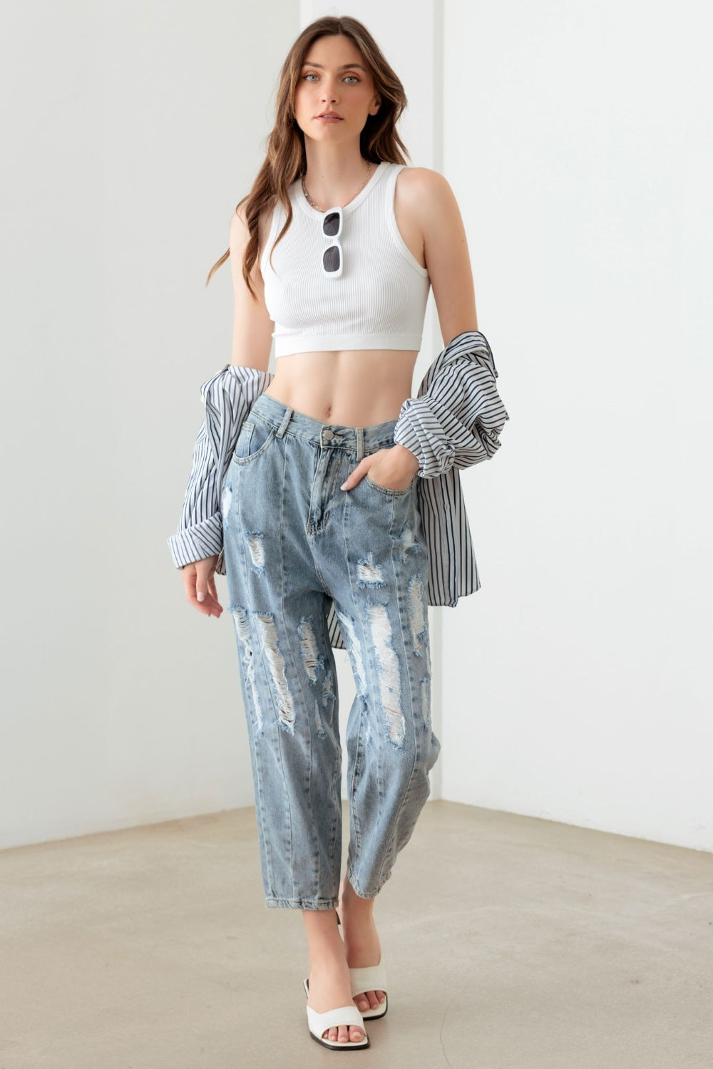 Litz La Washed Barrel Leg High Waist Distressed Jeans - UrbanEthereal