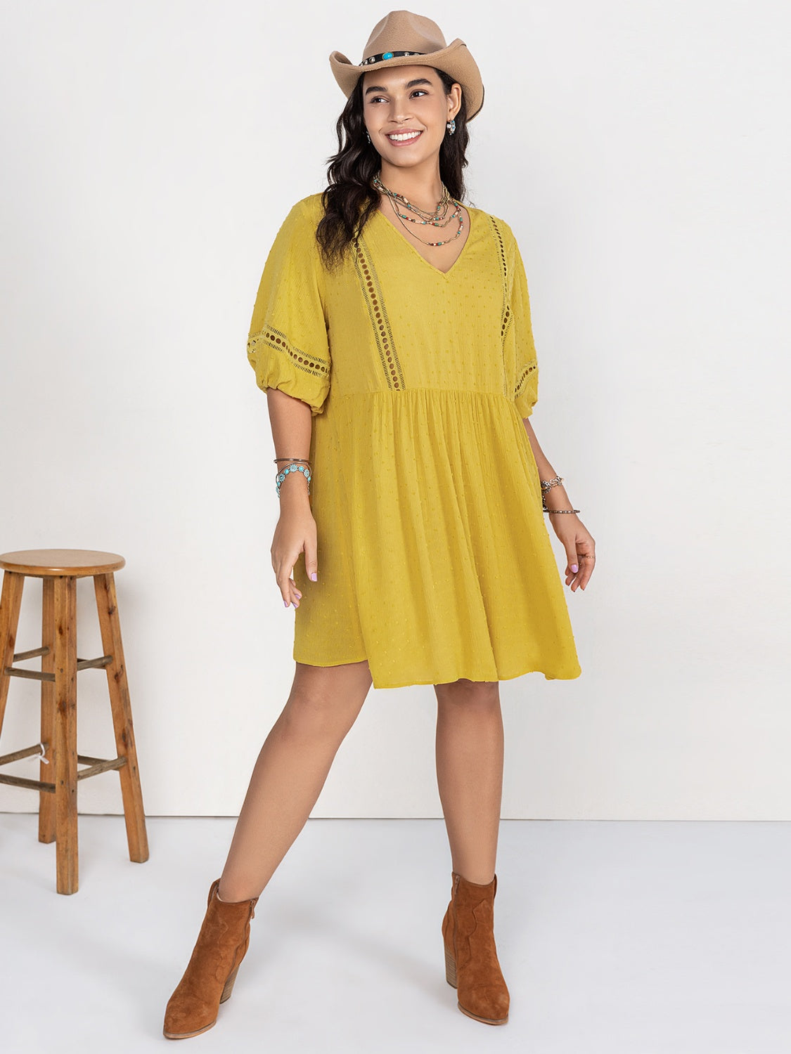 Plus Size Eyelet Swiss Dot Half Sleeve Mini Dress - UrbanEthereal