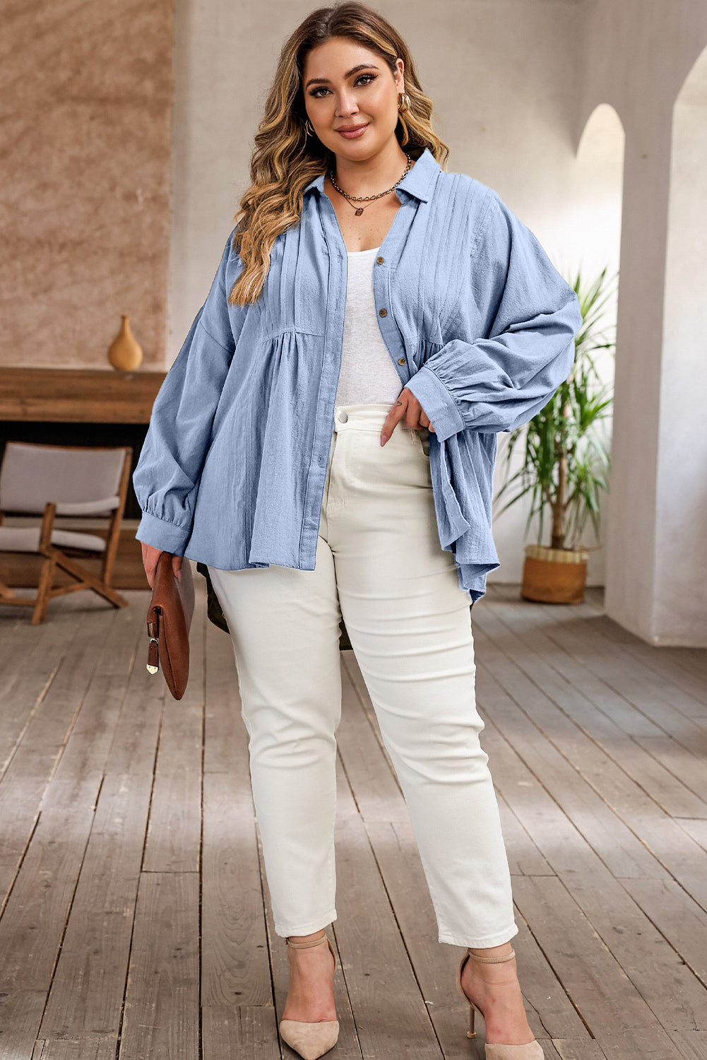 Plus Size High-Low Button Up Dropped Shoulder Shirt - UrbanEthereal