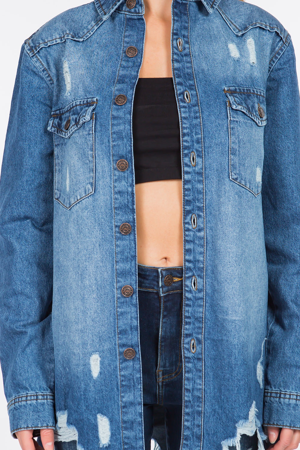 American Bazi Distressed Frayed Hem Denim Jacket - UrbanEthereal
