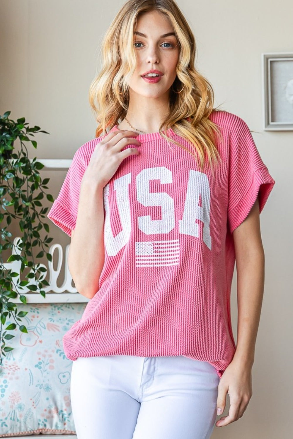 Heimish Full Size USA Graphic Short Sleeve Ribbed Top - UrbanEthereal