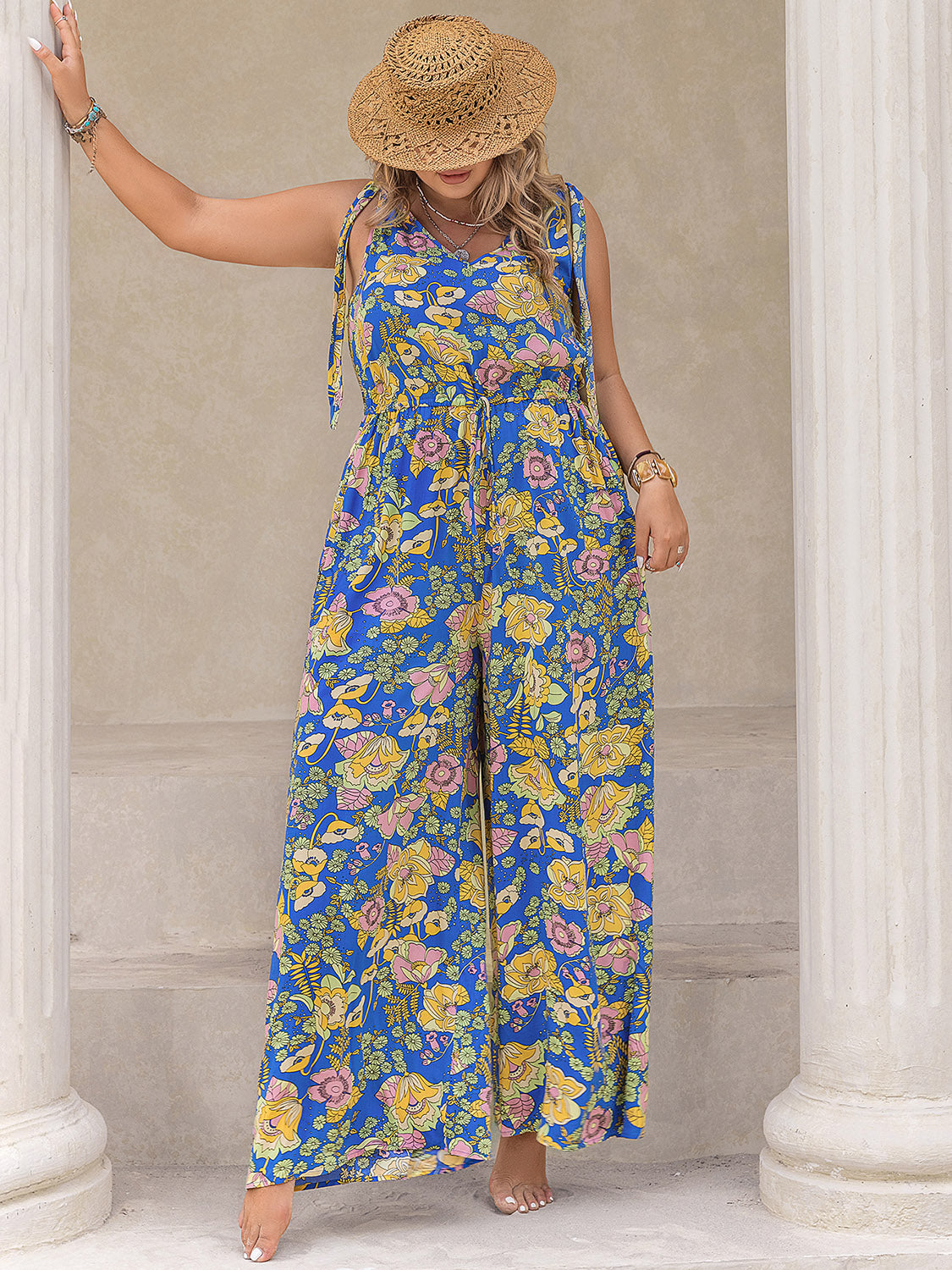 Plus Size Printed V-Neck Wide Leg Jumpsuit - UrbanEthereal