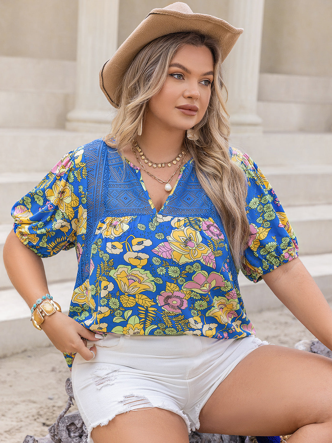 Plus Size Printed Notched Short Sleeve Blouse - UrbanEthereal