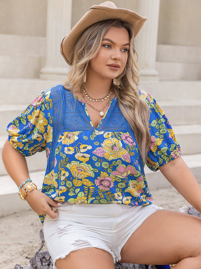 Plus Size Printed Notched Short Sleeve Blouse - UrbanEthereal