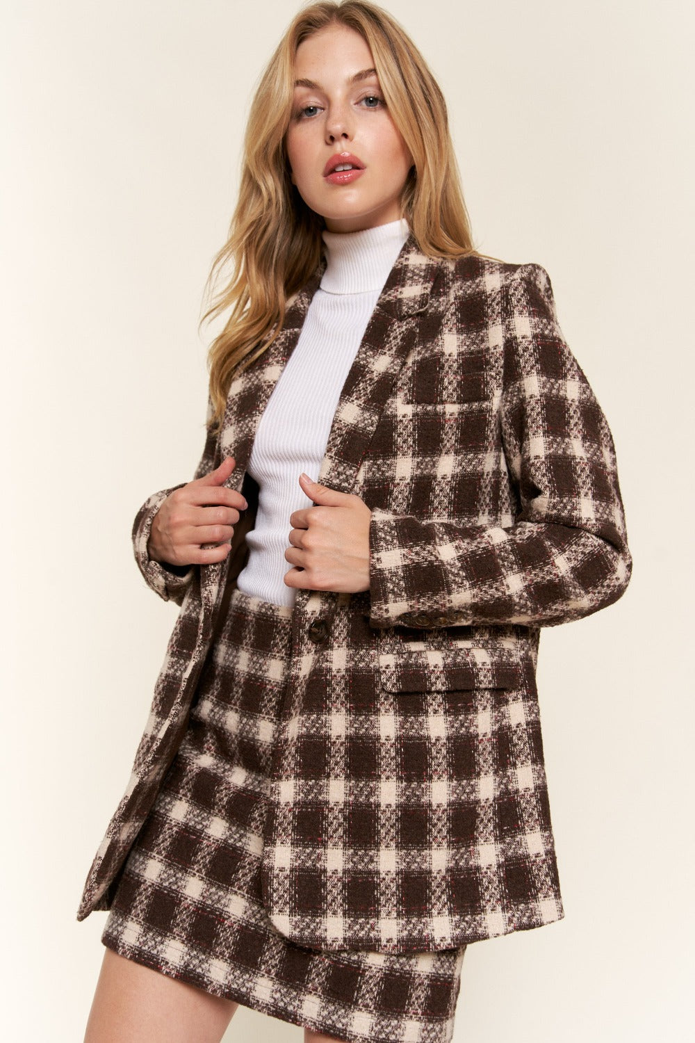 And The Why Full Size Plaid Brushed One Button Blazer - UrbanEthereal