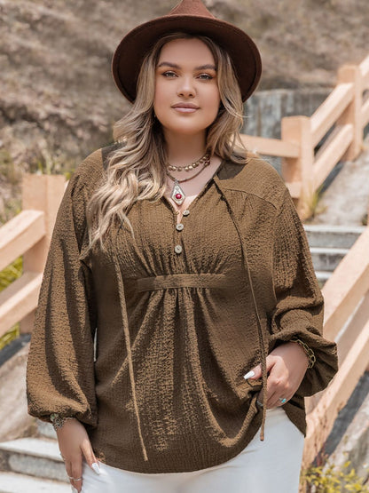 Plus Size Tie Neck Long Sleeve Blouse - UrbanEthereal