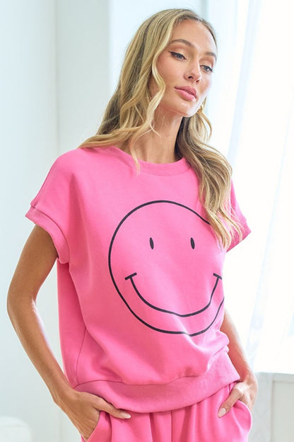 First Love Smile Face Drop Shoulder Brushed Inside T-Shirt - UrbanEthereal