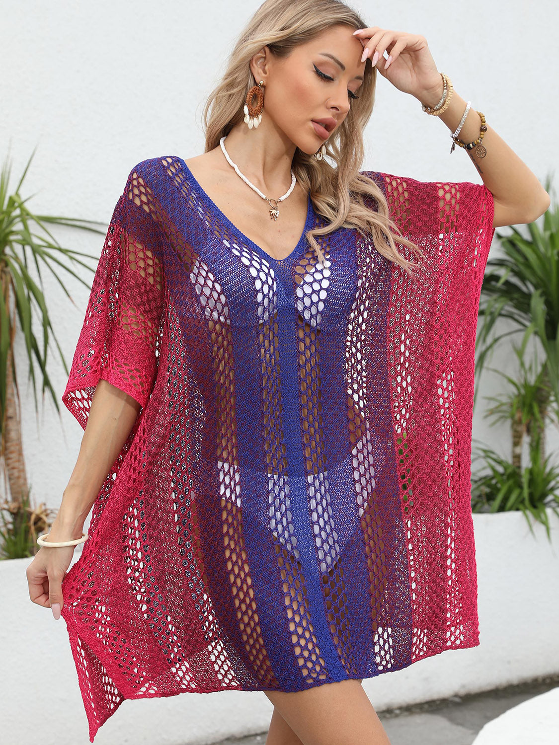 Openwork Contrast V-Neck Cover-Up - UrbanEthereal