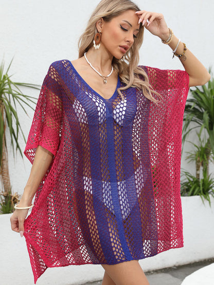Openwork Contrast V-Neck Cover-Up - UrbanEthereal