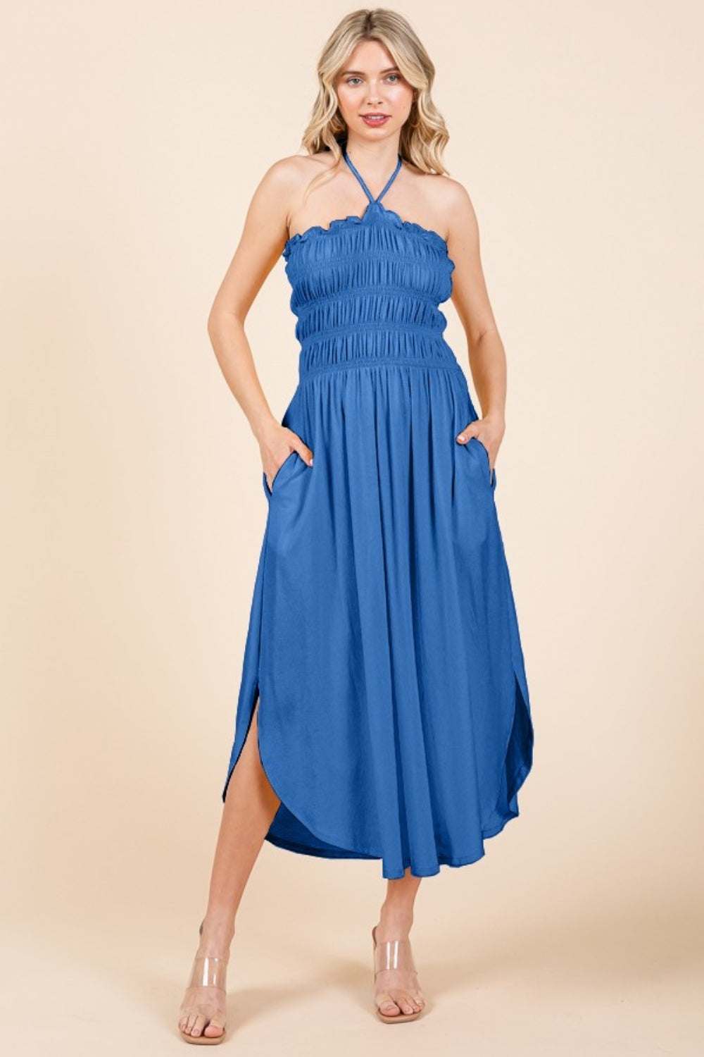 Culture Code Tie Back Shirring Dress with Pockets - UrbanEthereal