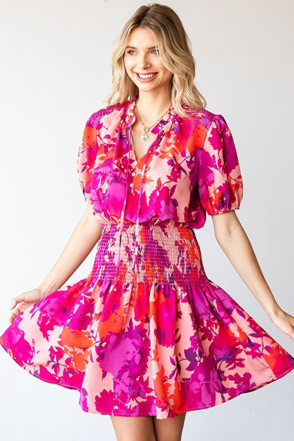 First Love Floral Short Sleeve Smocked Mini Dress - UrbanEthereal