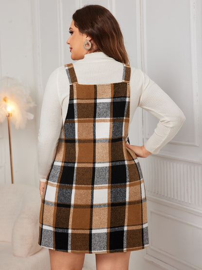 Plus Size Plaid Wide Strap Overall Dress - UrbanEthereal