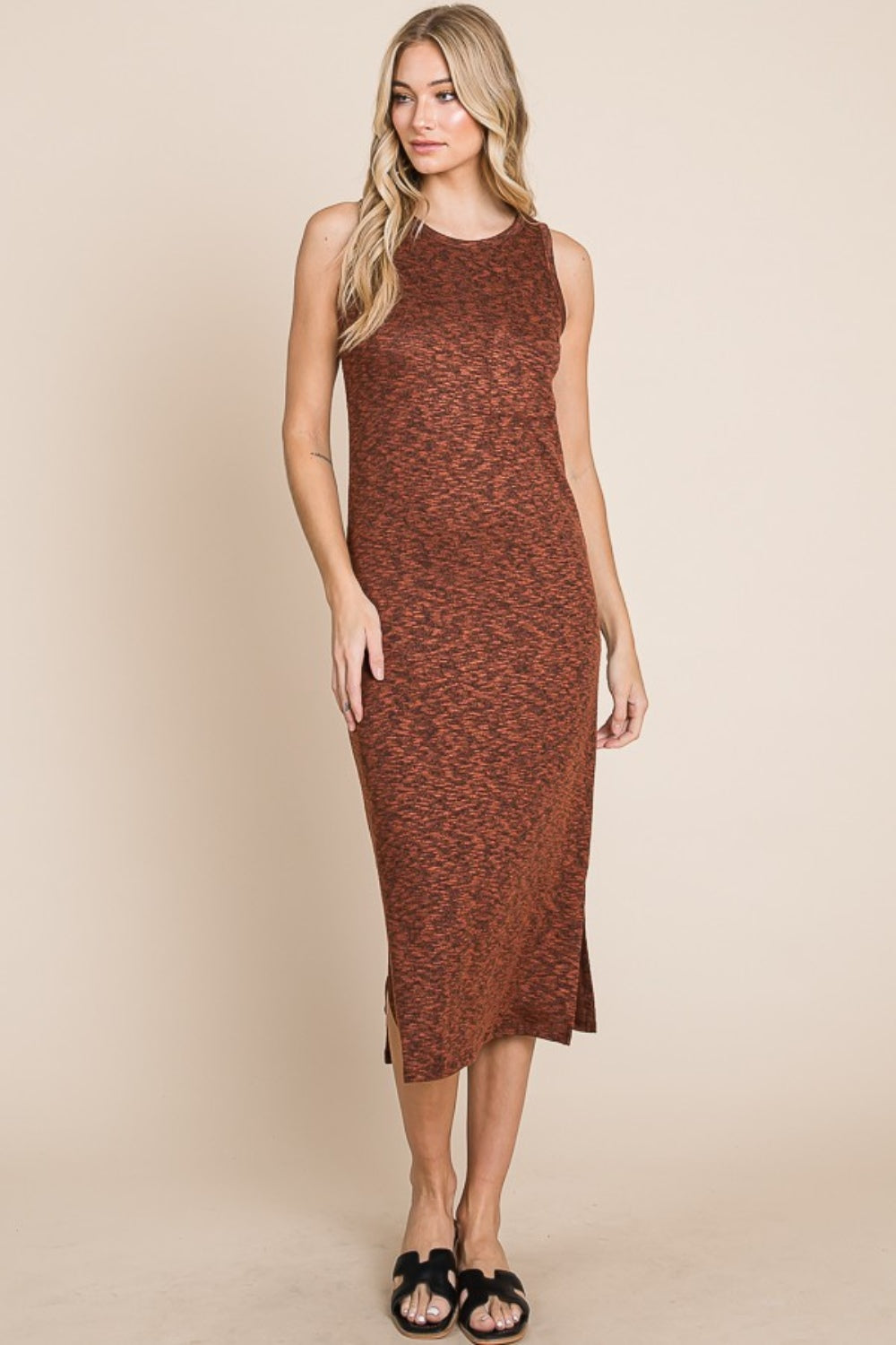 BOMBOM Slit Round Neck Sleeveless Midi Dress - UrbanEthereal