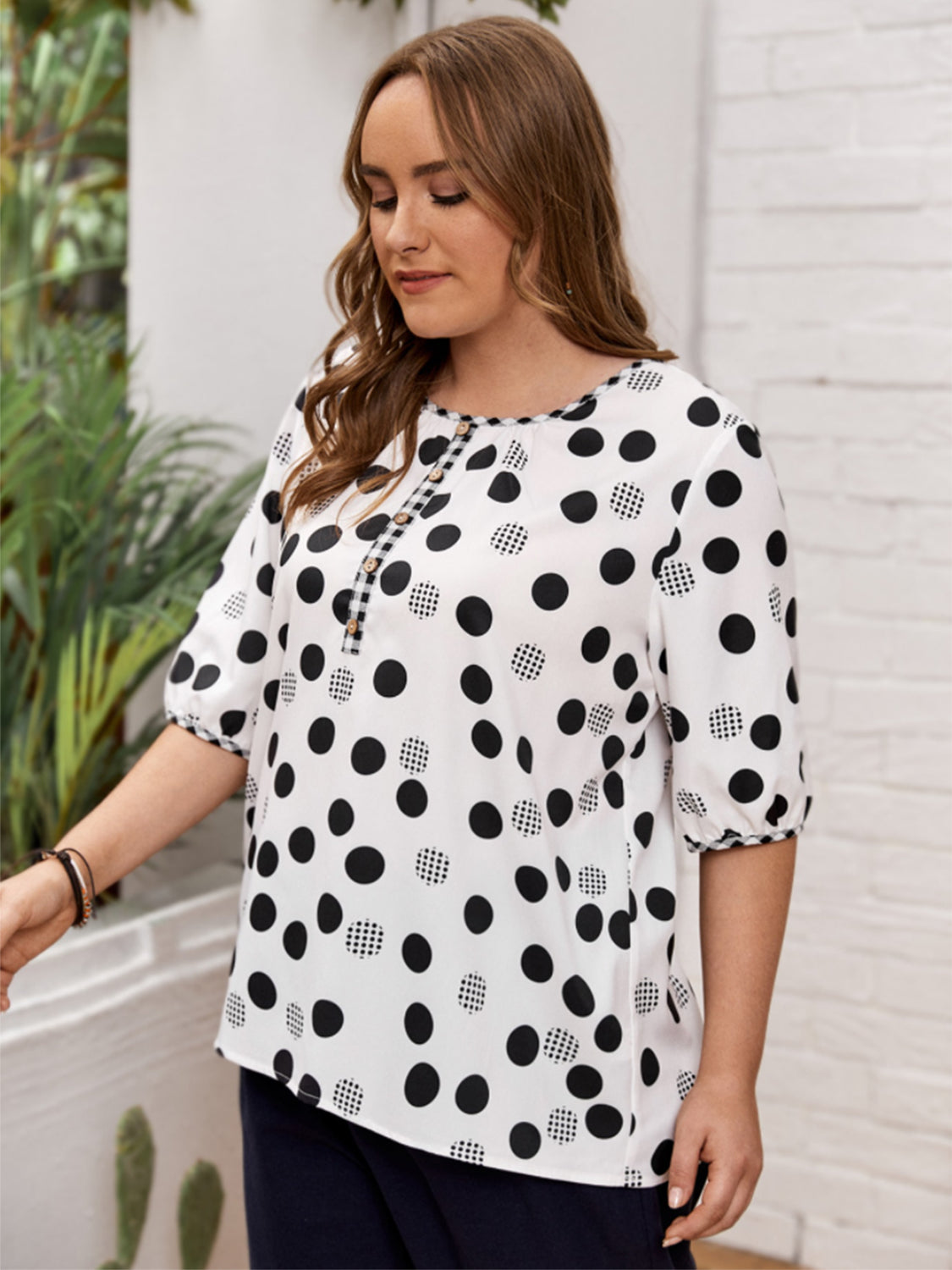 Plus Size Polka Dot Round Neck Half Sleeve Blouse - UrbanEthereal
