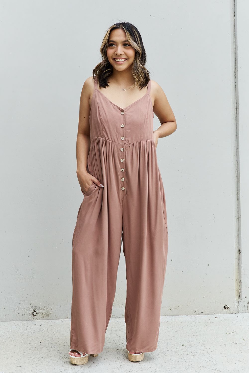 HEYSON All Day Full Size Wide Leg Button Down Jumpsuit in Mocha - UrbanEthereal