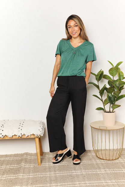 Double Take Ruched V-Neck Short Sleeve T-Shirt