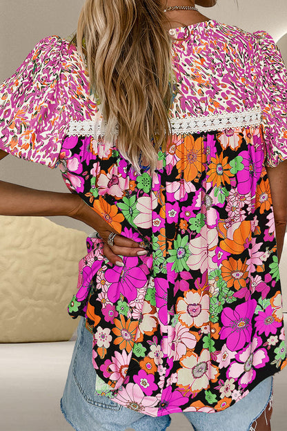 Printed Round Neck Puff Sleeve Blouse - UrbanEthereal